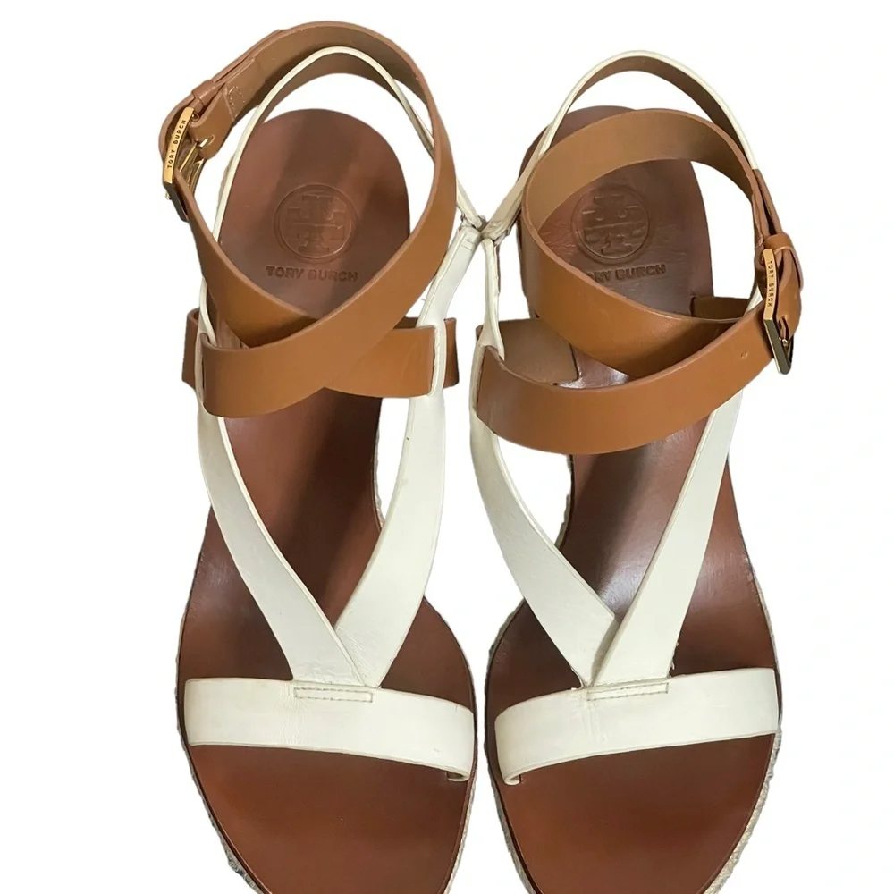 Tory Burch Marbella Tan White Ankle Strap‎ Sandals size 9/12 M